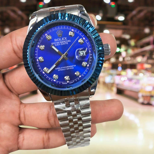 Relógio Rolex DateJust Prata borda azul fundo azul c/caixa premium a prova dagua