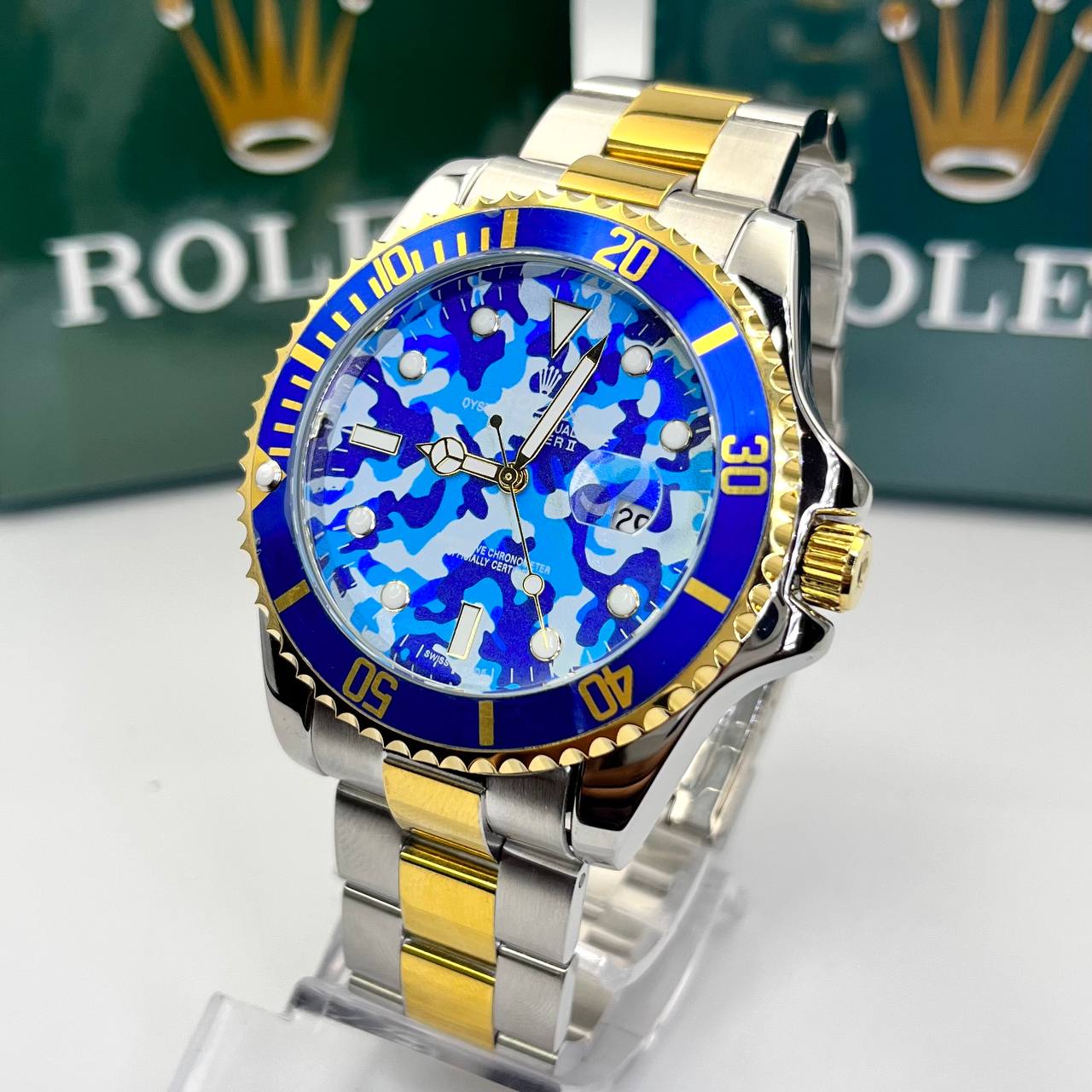 Relógio Rolex Submariner Camuflado misto azul linha Gold a prova dagua
