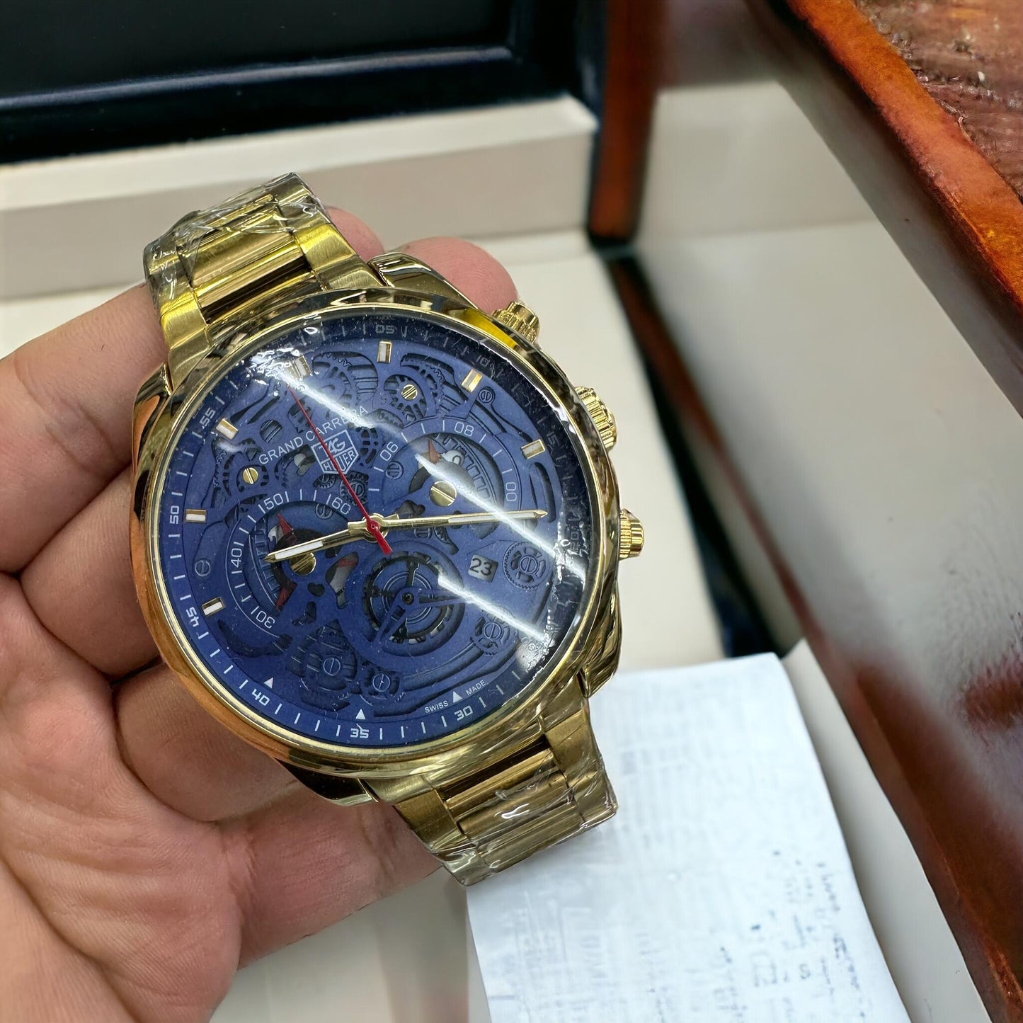 Relógio Tag Heuer 100% Funcional P/ Aço dourado azul