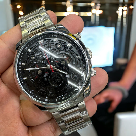 Relógio Tag Heuer 100% Funcional P/ Aço prata preto