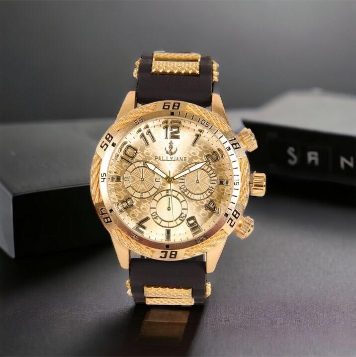 Relógio Masculino de Metal Dourado Pulseira de borracha prova dagua