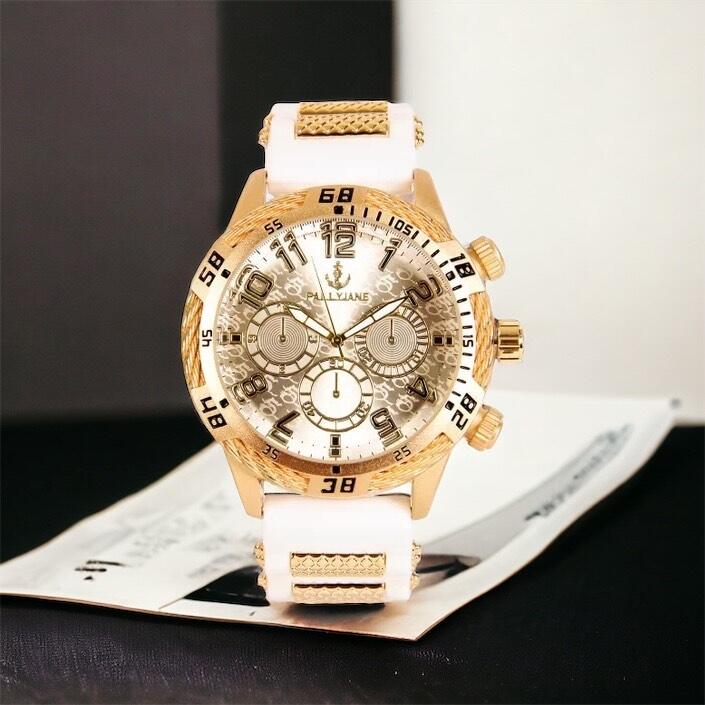 Relógio Masculino de Metal Dourado Branco Pulseira de borracha prova dagua