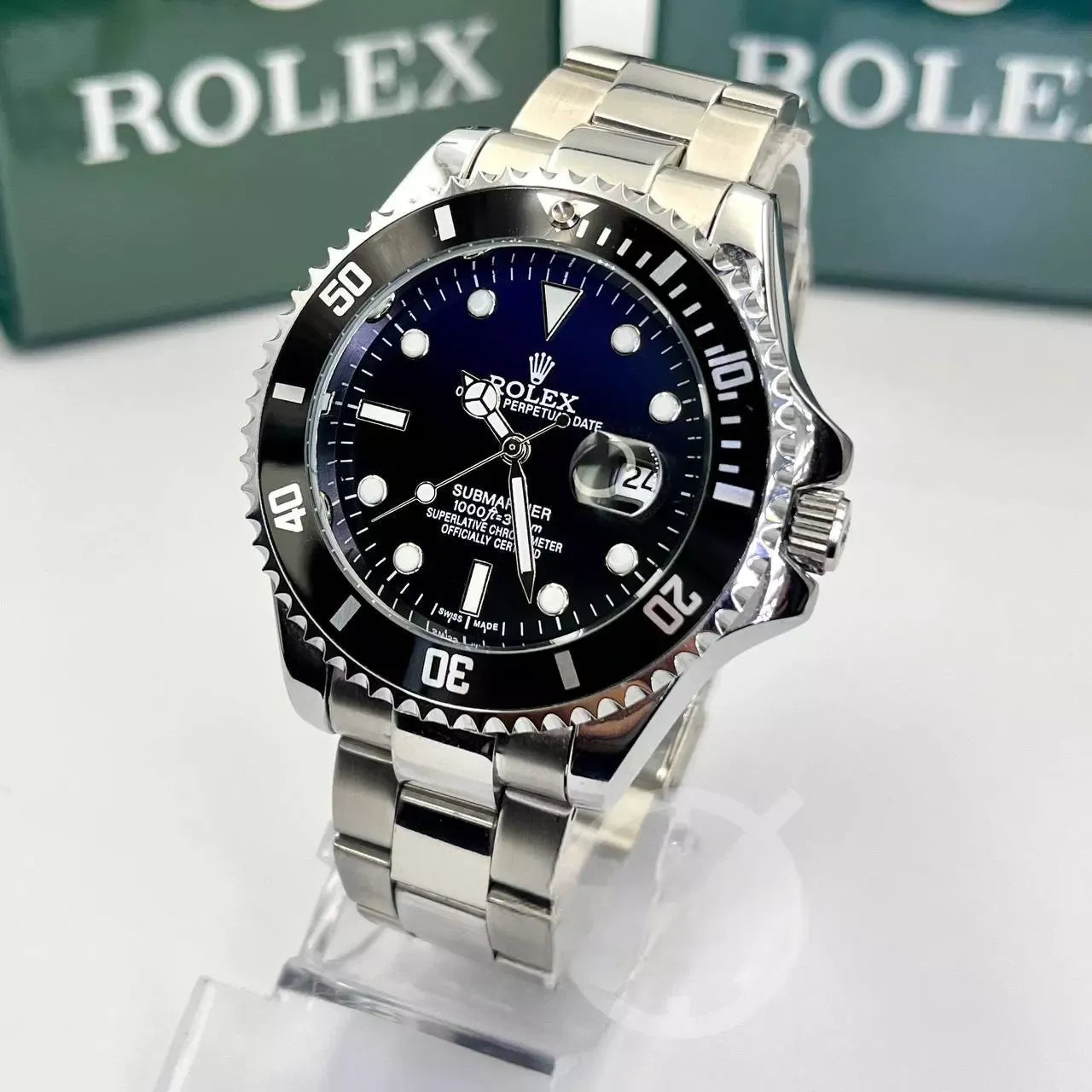 Relógio Rolex Submariner Prata/Preto nevoa linha Gold a prova dagua