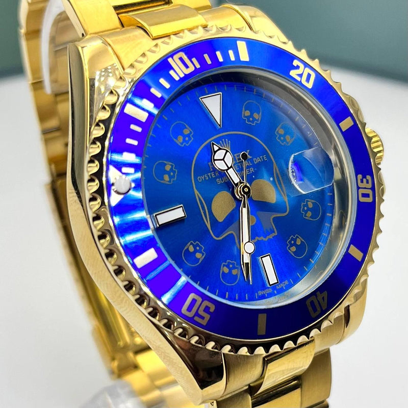 Relógio Rolex Submariner Skul Dourado azul linha Gold a prova dagua