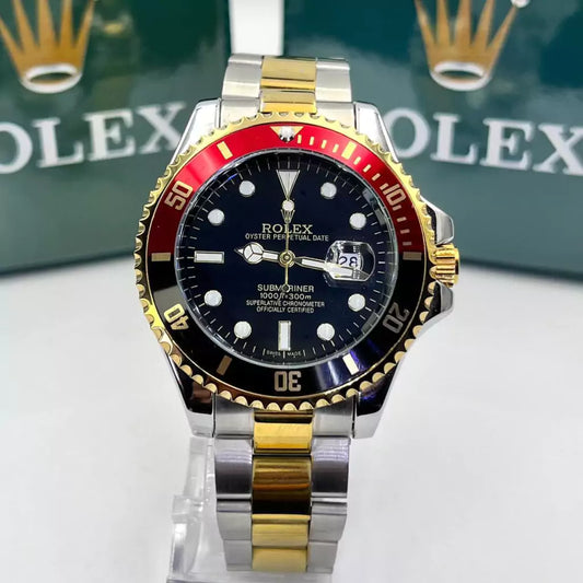 Relógio Rolex Submariner prata misto preto c/ vermelho linha Gold a prova dagua