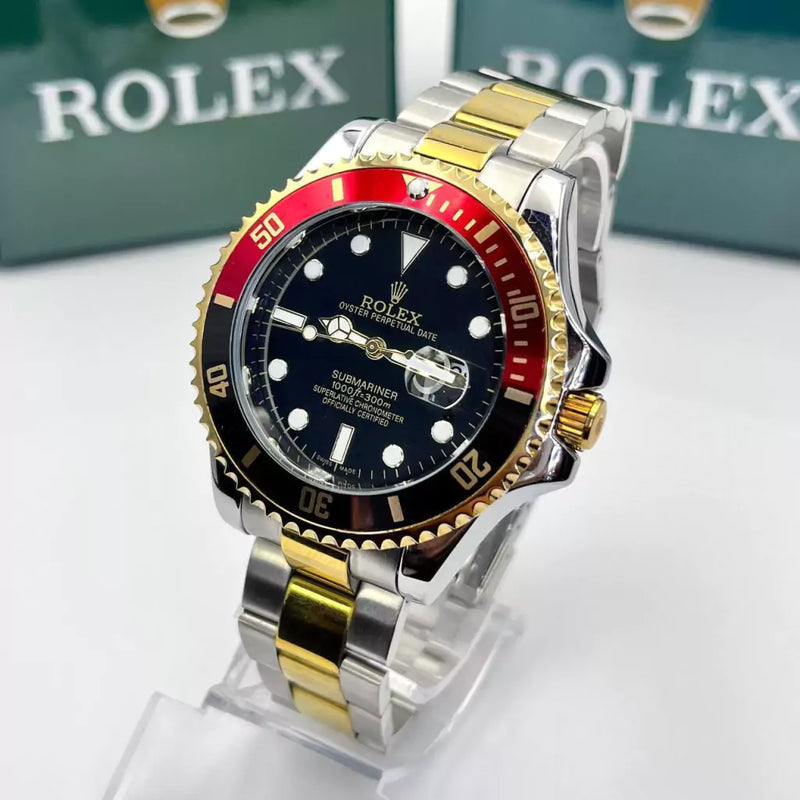 Relógio Rolex Submariner prata misto preto c/ vermelho linha Gold a prova dagua